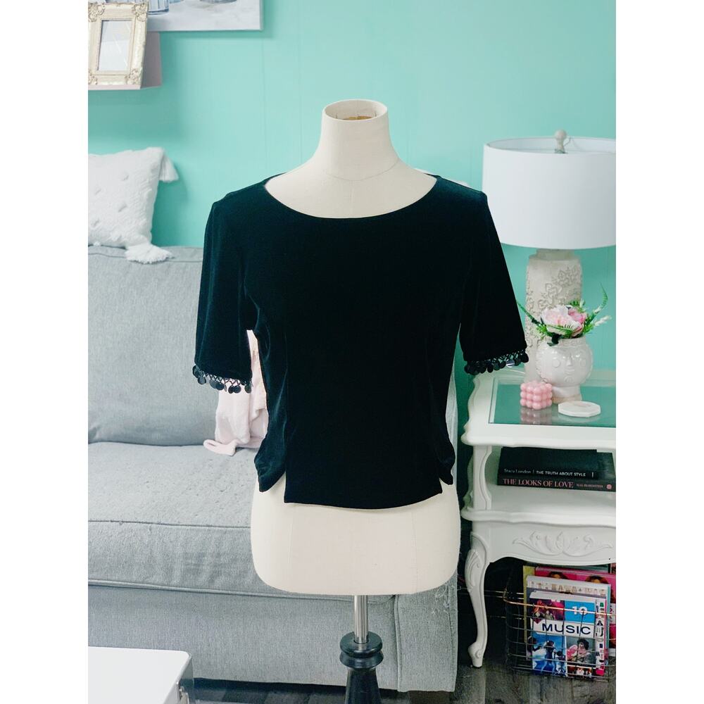 R+K Fringe Half Sleeve Short Velvet Evening Top Black Womens Size S